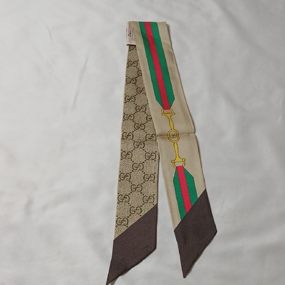 Gucci Accessories - Gucci Beige GG Monogram Silk Scarf with Green and Red Stripe